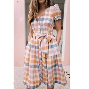 Gal Meets Glam Poppy Dress Linen Blend Plaid Puff Sleeves Size‎ 00